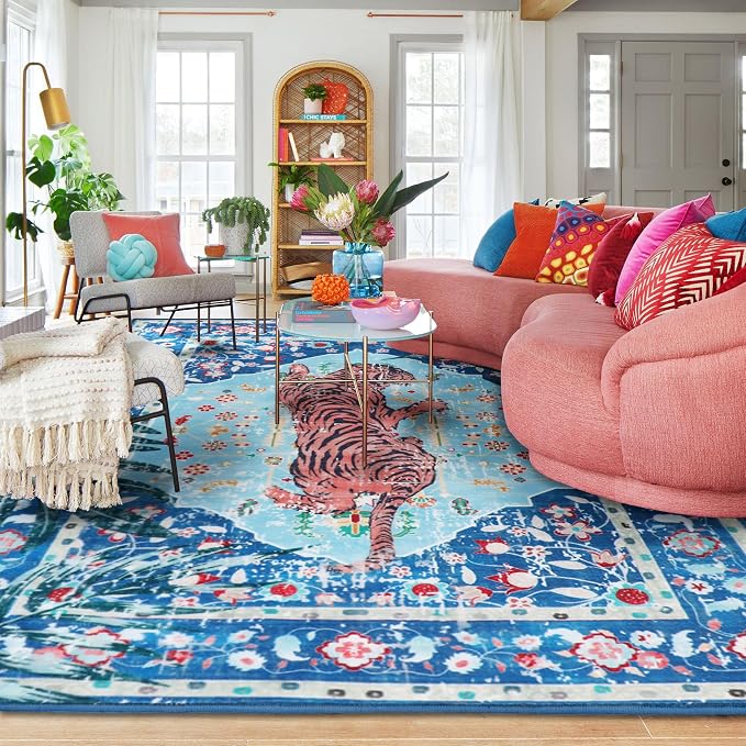 Blue Cheetah Rug 10x8 FT Boho Leopard Vintage Tropical Jungle Animal Rug by CILEPMID-TimelessComfort