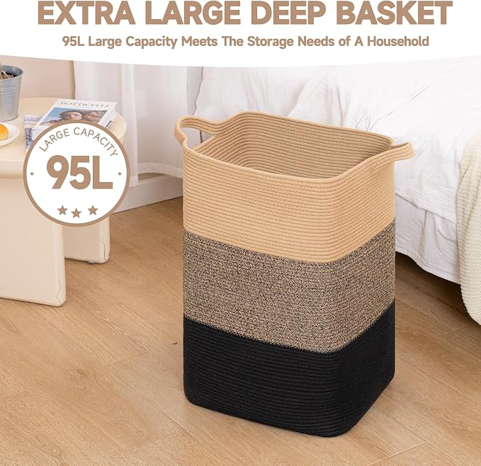 CLHMILY&Z 95L Laundry Basket Rectangular Black Jute Rope - Image 4