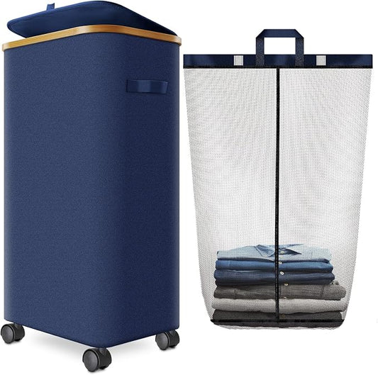Laundry Hamper with Wheels, 29 Gal Laundry Basket with lid Rolling Clothes by Wuevu