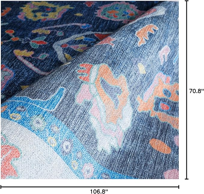 Fame Rugs Blue Modern Oushak Rug 6x9, Vintage Turkish Colorful Oriental Antique Inspired Washable Large Area Rugs, Luxury Living Room Bedroom (387BNB, 6' x 9')