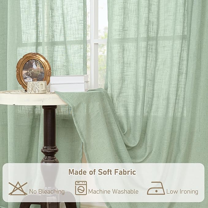 LAMIT Semi Sheer Window Linen Curtains 63 Inch Length, Light Filtering Panels Back Tab and Rod Pocket Country Decor Drapes for Bedroom/Living Room, Fresh Green, 2 Panels, 34 x 63 Inch