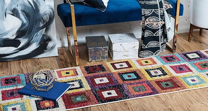 Unique Loom Estrella Collection Colorful, Geometric, Squares Modern, Abstract Area Rug (2' 2 x 6' 7 Runner, Multi/Beige)