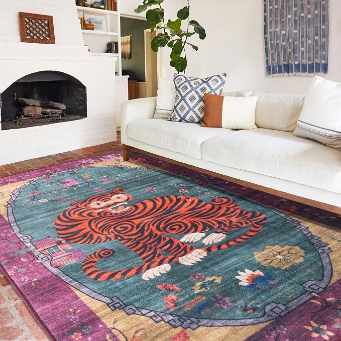 Vintage Green Tiger Rug Washable 6x9 Oriental Traditional Animal Print - Image 3