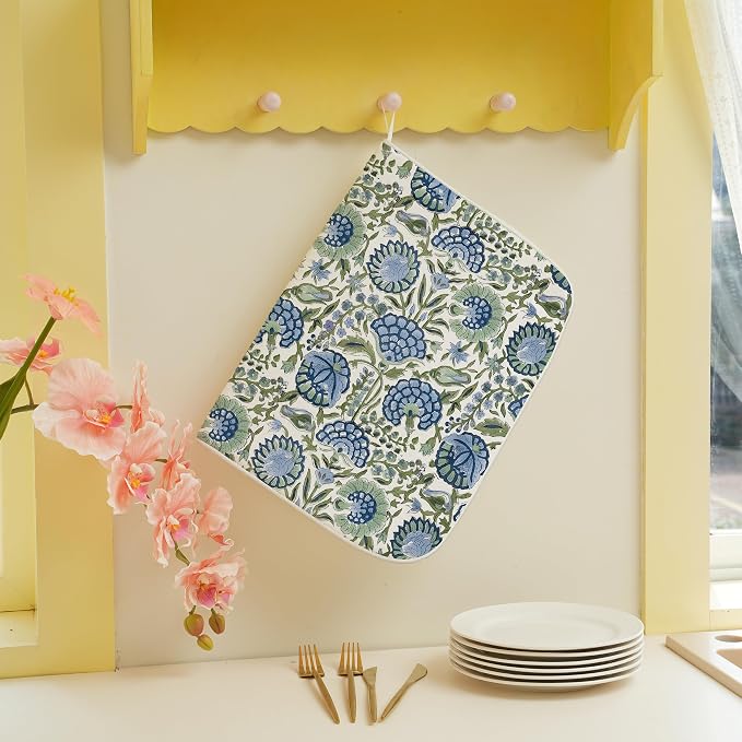 Blue Sage Green Floral Dish Drying Mats 18x24 Inch Sage Green Block Print - Image 3