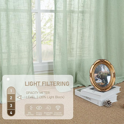 LAMIT Semi Sheer Window Linen Curtains 63 Inch Length, Light Filtering Panels Back Tab and Rod Pocket Country Decor Drapes for Bedroom/Living Room, Fresh Green, 2 Panels, 34 x 63 Inch