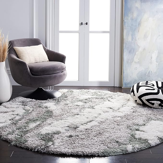 SAFAVIEH Horizon Shag Collection Area Rug - 8' Round, Grey & Green, Modern Abstract Design, Plush 2.5-inch Thick, Ideal for High Traffic Areas in Living Room, Bedroom, Dining (HZN890Y-8R)