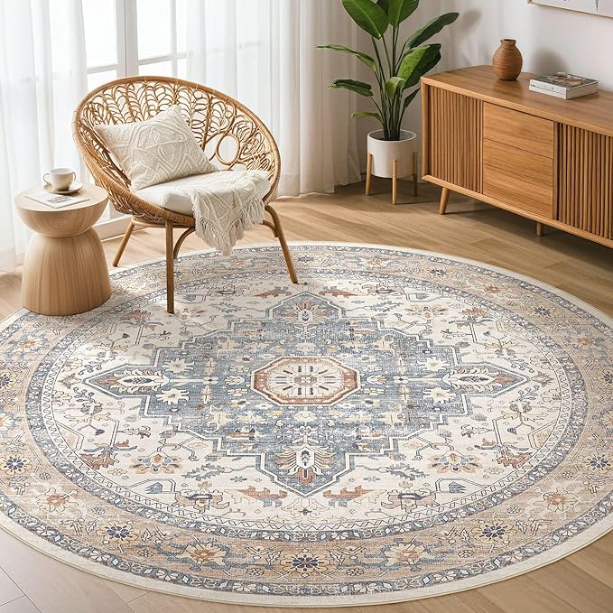 Round Rug Living Room Rugs: 5Ft Washable Boho Neutral Large Circle Soft Indoor Distressed Stain Resistant Floor Farmhouse Carpet for Bedroom Nursery Kids Playroom Office Dining Room Dorm- Beige Blue