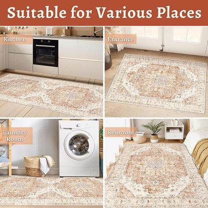 Tangsoo 5x7 Area Rug Washable Rug for Living Room, Vintage Indoor Non Slip Large Area, Print Distressed Brick Red Carpet, Soft Low Pile Foldable for Bedroom Dining Room Dorm