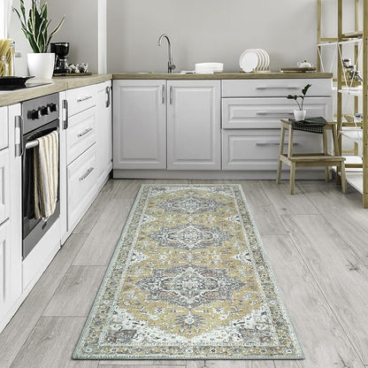 Bloom Rugs Washable Non-Slip 7 ft Runner - Yellow Traditional Medallion Runner for Entryway, Hallway, Bathroom, and Kitchen - Exact Size: 2.5' x 7'