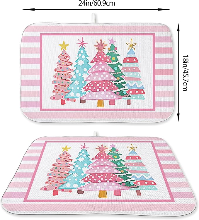 Christmas Dish Drying Mats 18x24 Inch Stripes Watercolor Pink Christmas Trees - Image 2