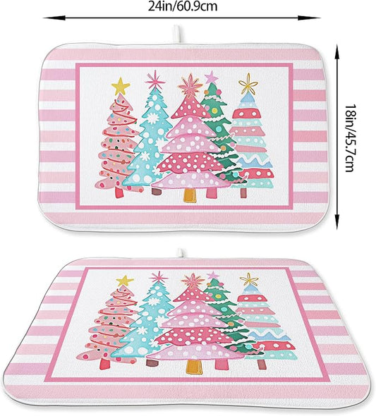 Christmas Dish Drying Mats 18x24 Inch Stripes Watercolor Pink Christmas Trees - Image 2