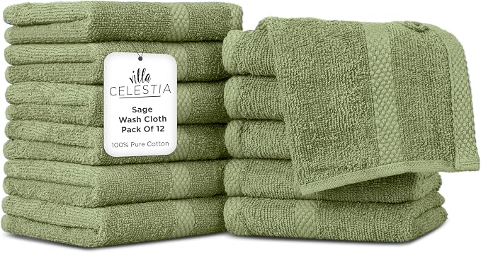 100% Cotton Wash Cloth for face & Body Set of 12, Sustainable, Highly Absorbent by VillaCelestia
