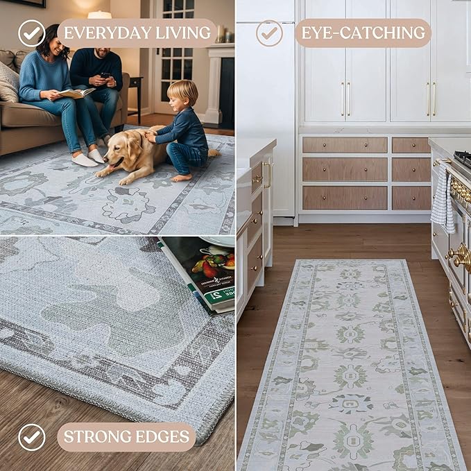 Fame Living Cream Beige Oushak Rug, Modern Small Rugs, Vintage, Turkish, Eclectic, Floral, Pastel, Washable, Door Mat, Doormat for Indoor Entrance, Entryway, Kitchen, Bathroom, Bedroom, Laundry, 2'x3'