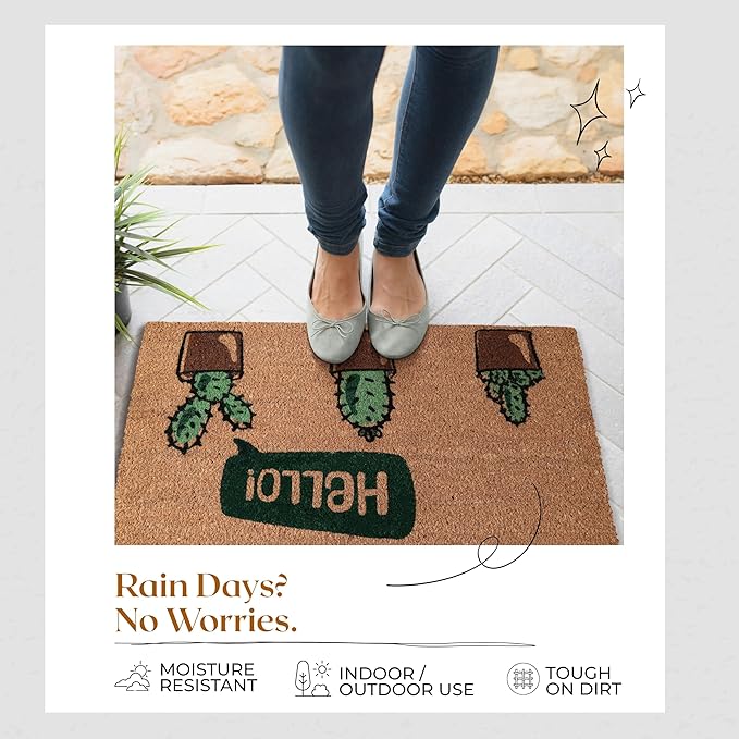 Coir Door Mats 17" X 30", Non-Slip Sturdy, PVC Backed Heavy Duty, Easy to Clean, Ideal for Door Entrance, Patio, Porch, Backyard, Garages, Hello Cactus