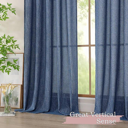 Simplebrand Navy Blue Semi Sheer Faux Linen Textured 120 Inches Long Curtains 2 Panels Set, Privacy Farmhouse Window Drapes for Living Room/Birthday Party/Hallway Window Guest Room, 50 x 120 Inch