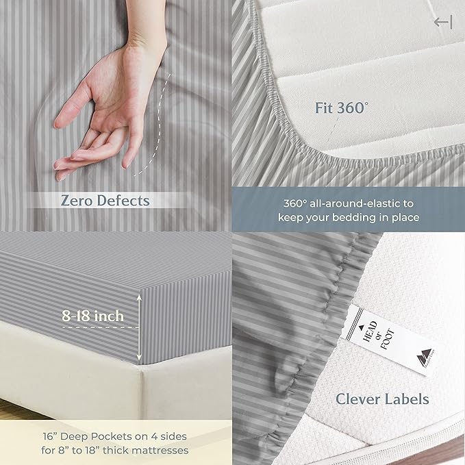 Mayfair Linen 100% Cotton Striped Sheets King Size Bed Set - 500 Thread Count Damask Sheets King Size 4 PC Set (Silver Grey Stripe), Soft, Cooling, Sateen Weave Hotel-Quality 16" Deep Pocket Bedsheet