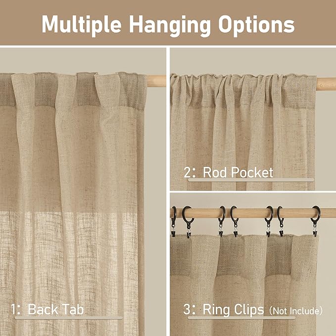 LAMIT Semi Sheer Short Linen Curtains 24 Inch Long, Light Filtering Panels Back Tab and Rod Pocket Neutral Drapes for Cafe/Bathroom/Small Window, Brown, 2 Panels, 34 x 24 Inch