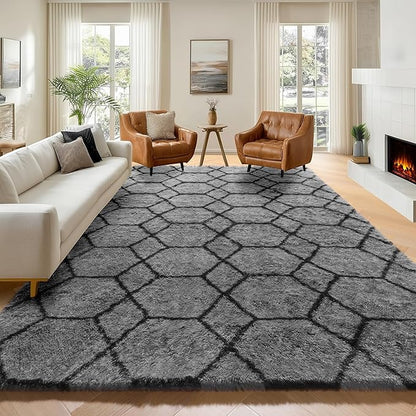 ONASAR 7x9 Area Rugs for Living Room Bedroom, Washable Large Fluffy Grey and Black Throw Rug, Geometric Soft Plush Shaggy Floor Carpet for Nursery Kids Girls Boys Teen Dorm Home Decor Aesthetic