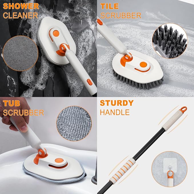 Bathroom Scrub Brush with Long Handle, 3-in-1 Tub and Tile Cleaner with 5 - Image 3