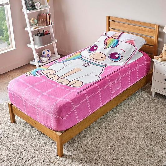 Bleacher Creatures ZippySack Twin Bed Zip-Up Bedding – Super Soft Fleece Fitted Blanket with Side Pocket & Durable Zipper – Easy Bed-Making for Kids (Unicorn)