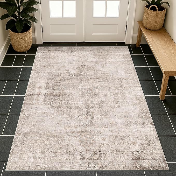 Washable Beige Brown Rugs for Entryway Indoor - 3x4 Throw Rug for Large Kitchen, Bedroom Bedside, Bathroom, Mudroom, Mordern Abstract Medallion Décor, Non Slip Low Pile Fade Resistant