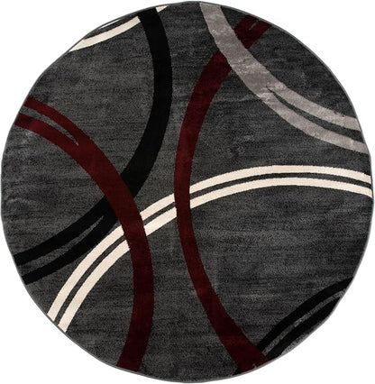 Rugshop Modern Wavy Circles Design Non-Shedding Round Rug, Carpet for Dining Room or Living Room, Red, 8' Round