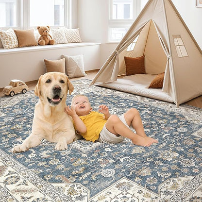 Vintage Living Room Area Rug 5x7 - Large Soft Washable Oriental Traditional Distressed Farmhouse Rugs for Bedroom - Indoor Floor Accent Carpet for Home Office House Decor - Vintage Blue