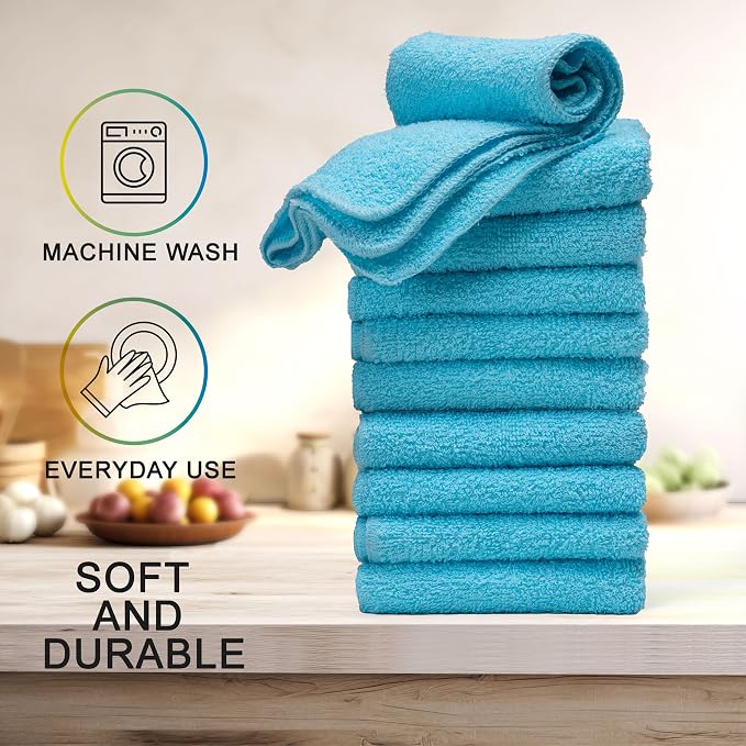 Textila Terry Wash Cloths – Pack of 10, Aqua Blue, 12x12 Inches – Soft - Image 3