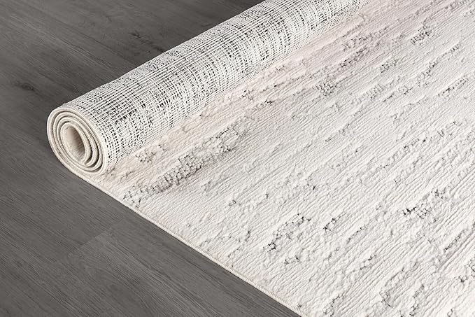 Beverly Rug Micro Loop Area Rug White/Gray 5x7 Abstract Modern Luxury Brushstroke Durable Soft Indoor Rugs for Living Dining Room Office Stain Resistant Non Shedding Casual Indoor Carpet 5 x 7