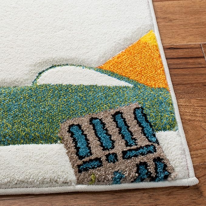 SAFAVIEH Carousel Kids Collection Area Rug - 5'3" Square, Ivory & Blue, Non-Shedding & Easy Care, Ideal for High Traffic Areas for Boys & Girls in Playroom, Nursery, Bedroom (CRK167A)