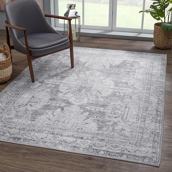 Bloom Rugs Washable 4' x 6' Rug - Ivory/Silver Gray Traditional Area Rug for Living Room, Bedroom, Dining Room, and Kitchen - Exact Size: 4' x 6'