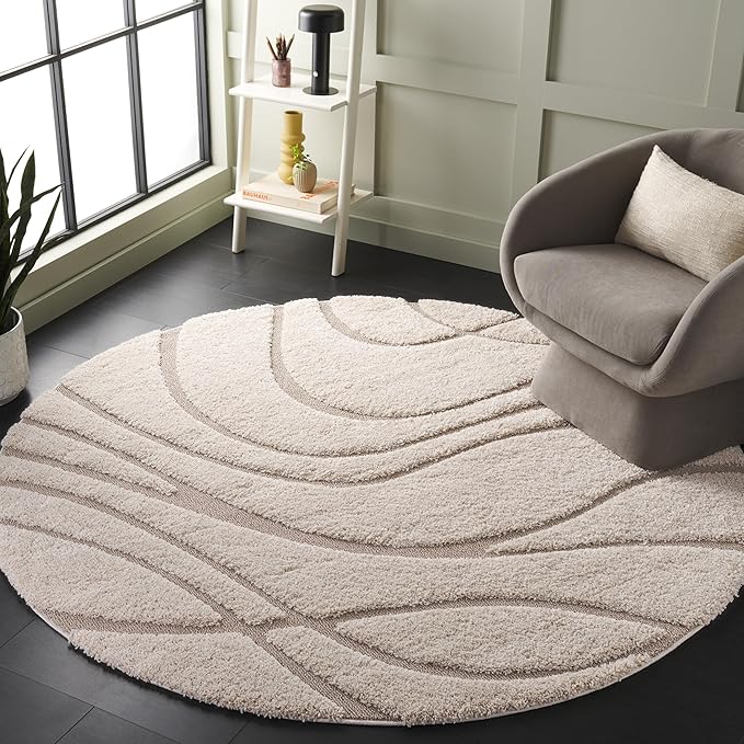 SAFAVIEH Florida Shag Collection 10' Round Cream/Beige SG471 Abstract Wave Non-Shedding Living Room Bedroom Dining Room Entryway Plush 1.2-inch Thick Area Rug