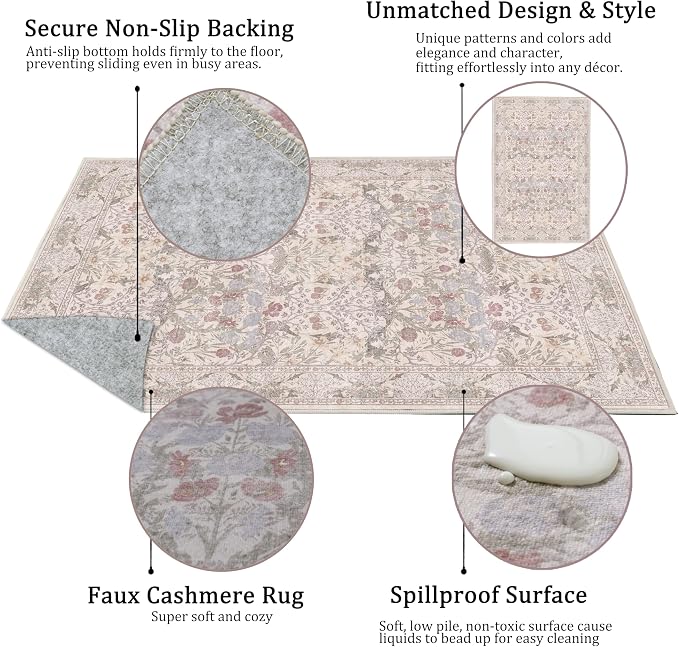 8x10 Washable Area Rug for Living Room, Large Beige Floral Rugs, Soft Non-Slip - Image 2