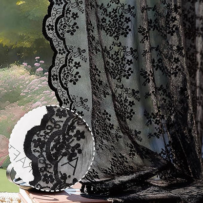 Anmao Vintage Lace Curtains 90 Inches Long 2 Panels Set, Romantic Elegant Light Filtering Semi Sheer Floral Thick Lacy Curtain Drapes for Living Room and Bedroom, Each Panel 55W x 90L, Black
