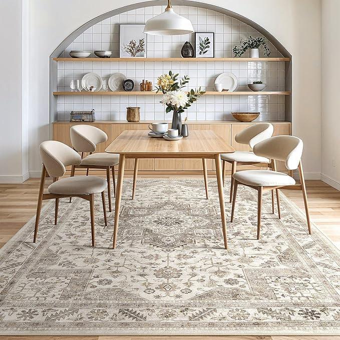 Vintage Living Room Area Rug 7x9 - Large Soft Washable Oriental Traditional Distressed Farmhouse Rugs for Bedroom - Indoor Floor Accent Carpet for Home Office House Decor - Light Brown
