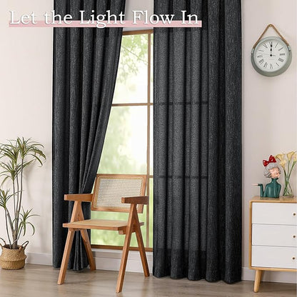 Simplebrand Black Semi Sheer Faux Linen Textured 120 Inches Long Curtains 2 Panels Set, Privacy Farmhouse Window Drapes for Living Room/Birthday Party/Hallway Window Guest Room, 10FT, 50 x 120 Inch