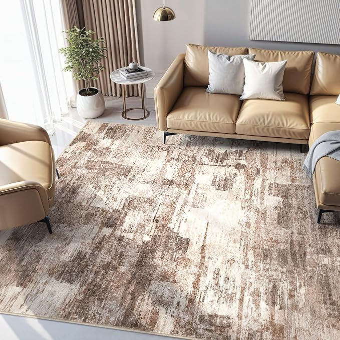 Abstract Living Room Rug 12x18 - Modern Washable Soft Thin Area Rug for Living Room Bedroom Under Dining Table - Neutral Indoor Floor Rug Carpets for Home Office Playroom Nursery - Brown