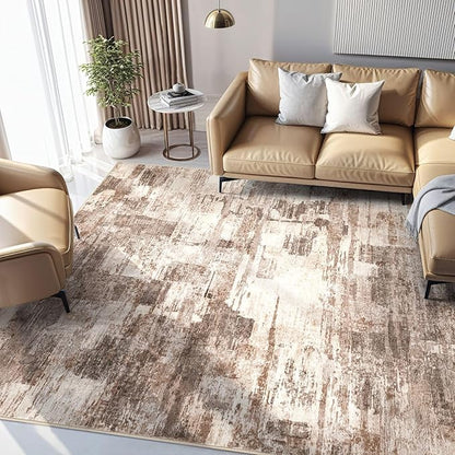 Abstract Living Room Rug 12x18 - Modern Washable Soft Thin Area Rug for Living Room Bedroom Under Dining Table - Neutral Indoor Floor Rug Carpets for Home Office Playroom Nursery - Brown