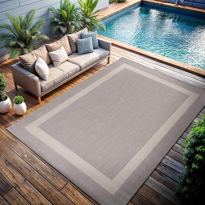 CAMILSON Outdoor Rug 8x10,Modern Outside Rugs for Patios Porches Waterproof Durable Washable Non-Shedding, Easy-to-Clean Indoor Outdoor Area Carpet (8 x 10, Bordered - Gray/White)