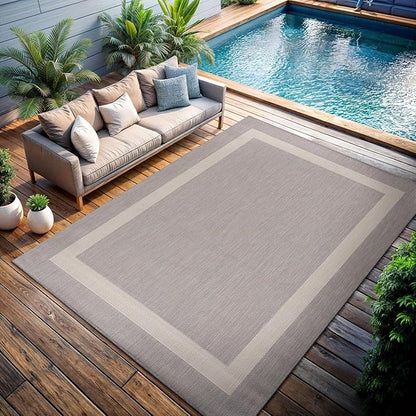 CAMILSON Outdoor Rug 8x10,Modern Outside Rugs for Patios Porches Waterproof Durable Washable Non-Shedding, Easy-to-Clean Indoor Outdoor Area Carpet (8 x 10, Bordered - Gray/White)