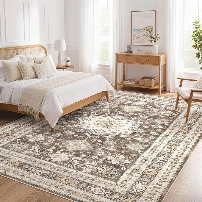 Vintage Living Room Area Rug 9x12 - Large Soft Washable Oriental Traditional Distressed Farmhouse Rugs for Bedroom - Indoor Floor Accent Carpet for Home Office House Decor - Dark Brown