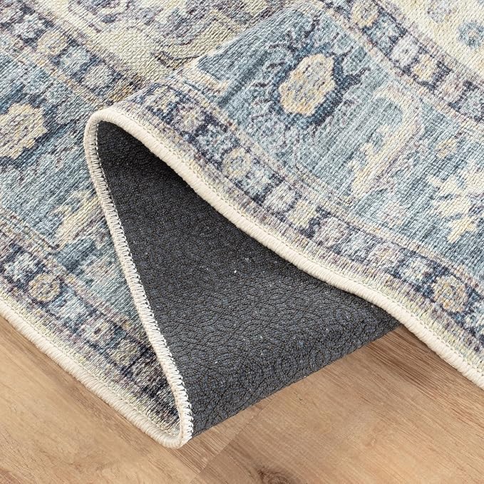 Bloom Rugs Washable Non-Slip 12 ft Runner - Blue/Beige Traditional Oriental Runner for Entryway, Hallway, Bathroom, and Kitchen - Exact Size: 2.5' x 12'