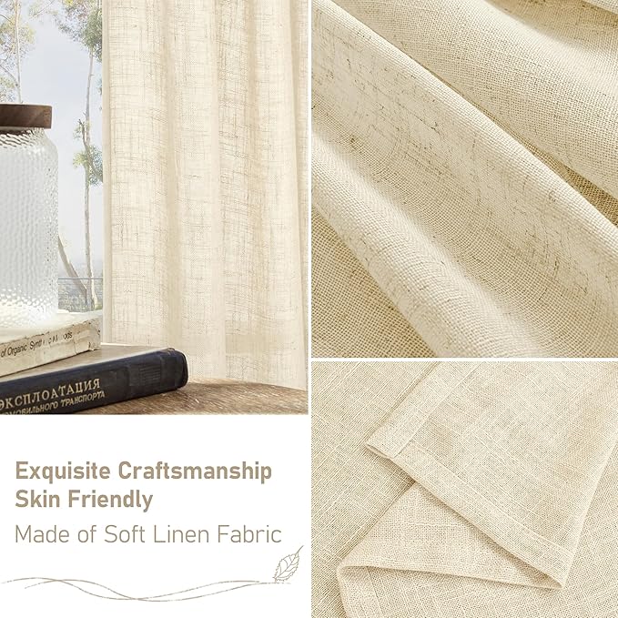 LAMIT Beige Linen Curtains for Living Room 80 inch Length, Light Filtering Semi Sheer Panels Back Tab and Rod Pocket Neutral Panels for Bedroom, 2 Panels, 34 x 80 Inch