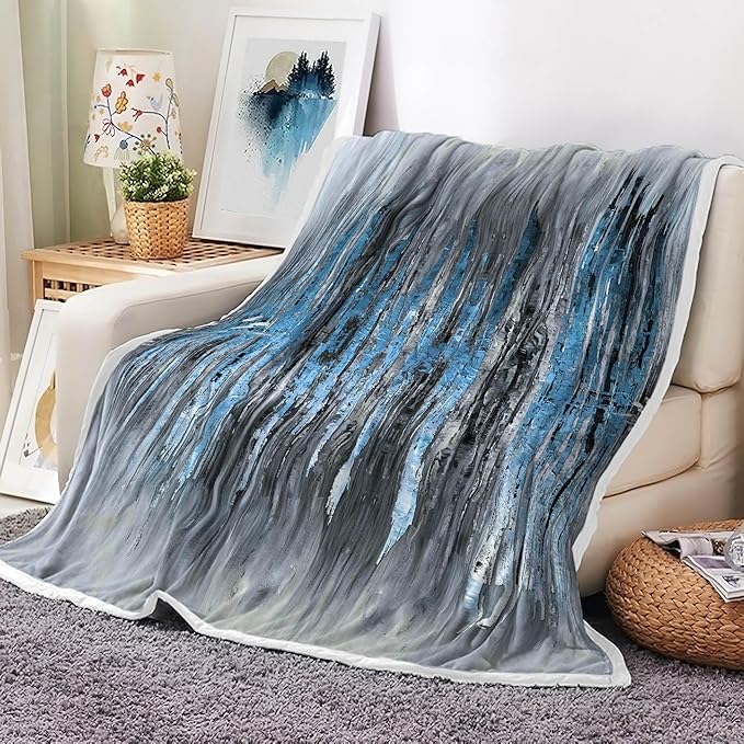 Abstract Throw Blankets, Modern Blue Gold CrackNon Cozy Warm Bed Couch Blanket, Stripe Contemporary Abstract Painting White Fleece Flannel Throws to Decorate The Room and Bedroom