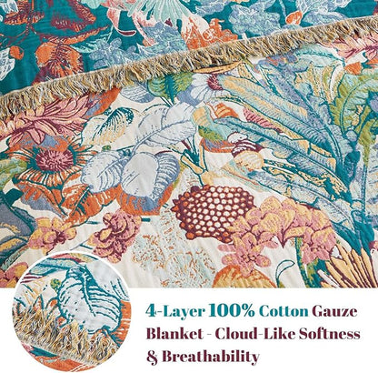 MSGKV Boho Throw Blanket for Bed Twin Size 100% Cotton Floral Blanket 60"x80" for Sofa Couch Muslin Breathable All Seasons Farmhouse Lightweight Blankets Home Decor
