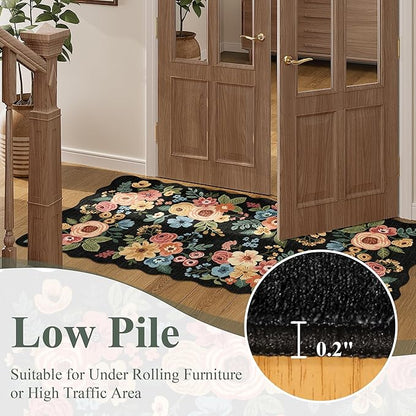 DUKINO 2.6x8 Runner Rug for Hallway, Washable Kitchen Rug with Non Slip Backing & Non-Shediing, Soft Low Pile Floral Design Runner for Bedroom, Kithchen, Living Room, Laundry, Bathroom, Black