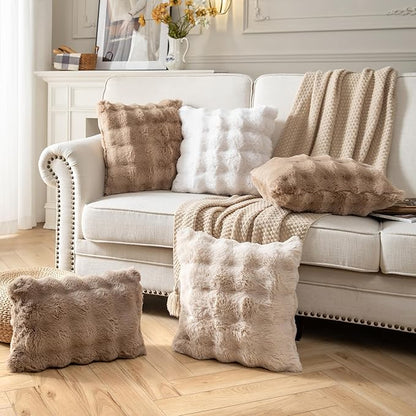 Pack of 2 Thick Plush Throw Pillow Covers Fluffy Wave Faux Fur Decorative Cushion Covers Soft Wool Pillowcase for Sofa Couch Livingroom 12x20 Inch White