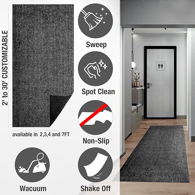 sigun Modern Non-Slip Hallway Runner Rug – Washable, Stain-Resistant & Custom Size – Durable Indoor/Outdoor Carpet for Entryway, Kitchen, Porch, Balcony, Patio & Garage – High-Traffic | Black - 2 x 17
