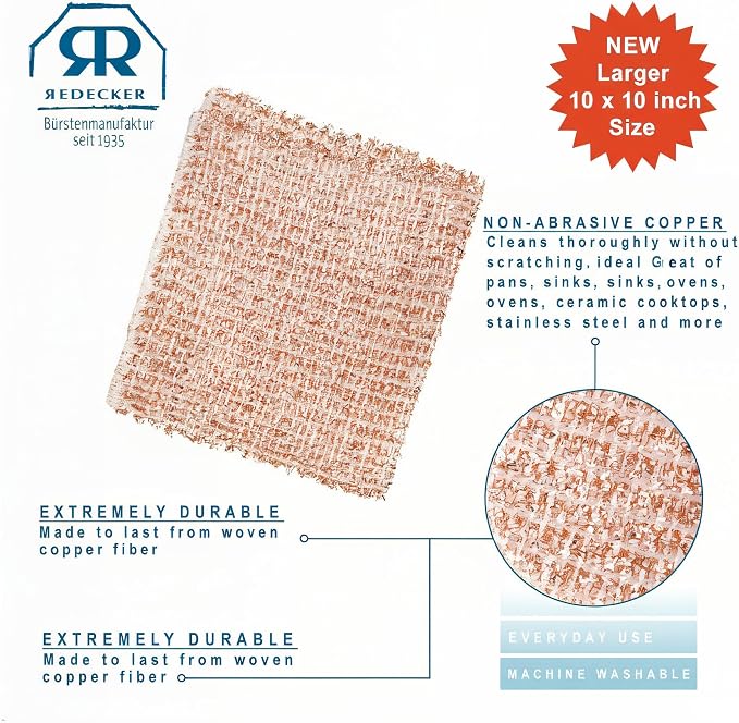 Redecker XL Copper Cleaning Cloths – 10 x 10 inches, Scratch-Free 2-Ply Real - Image 2