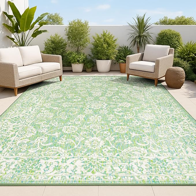JONATHAN Y Weave Floral Indoor Outdoor Area Rug 5X8 Cream/Green, Tela Bohemian Textured for Backyard, Patio, Porch, Easy-Cleaning, High Traffic, Pet-Friendly, Non-Shedding (SMB100F-5)